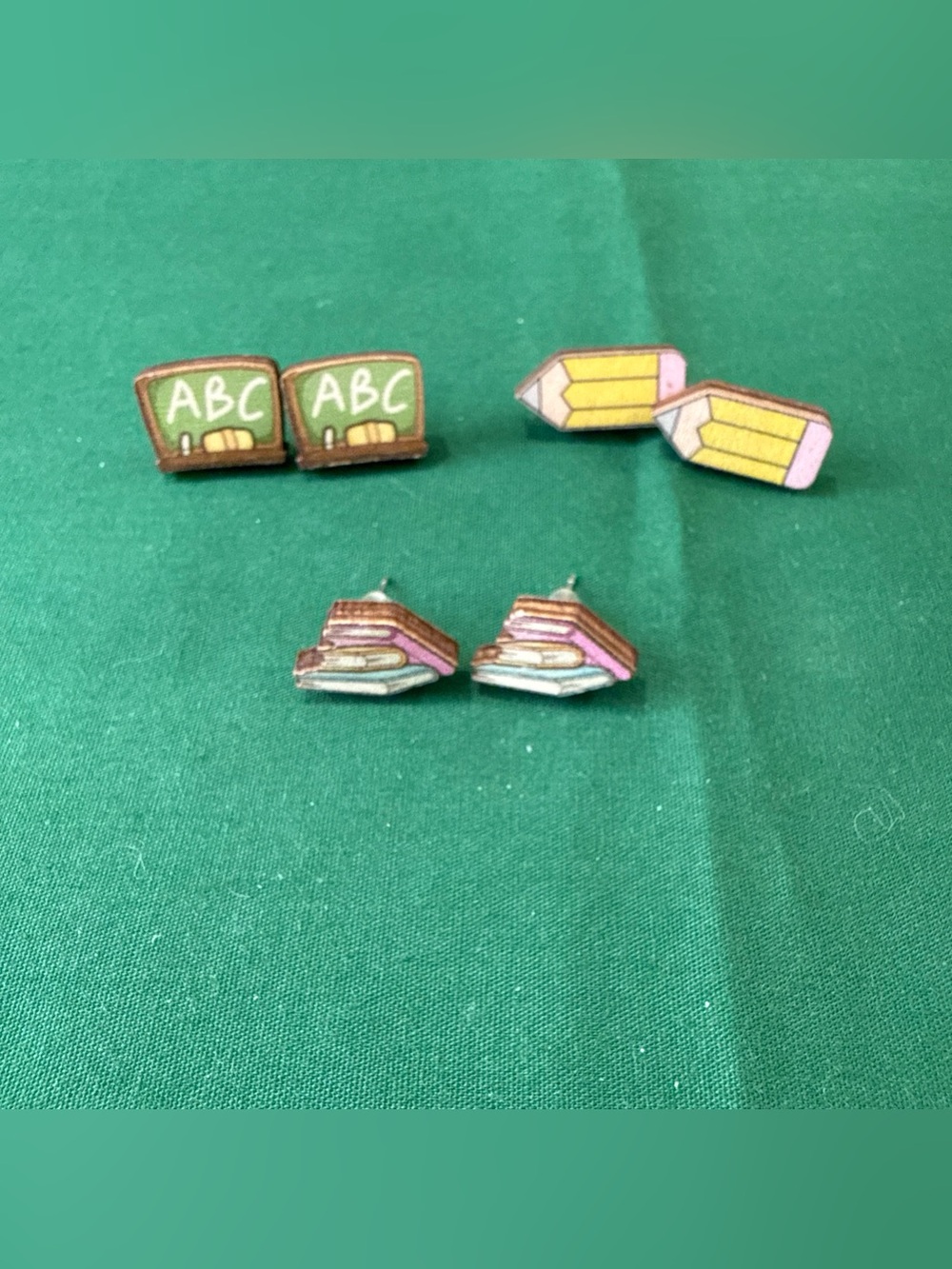 Teacher Wooden Stud Earrings “ABC”, Pencils, Stack Of Books. 28F